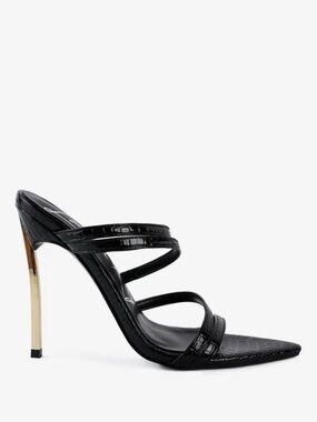 Black Faux-Croc Strappy Stiletto Mule Heel